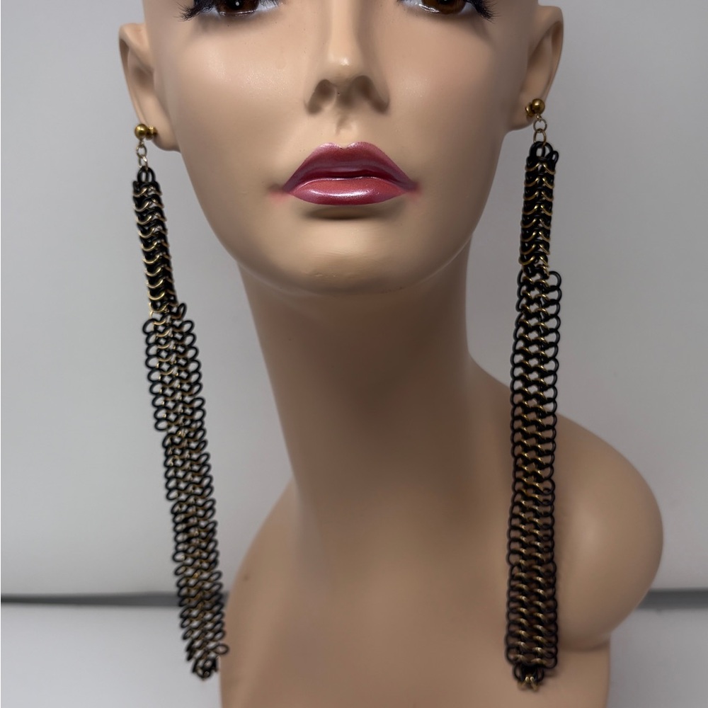 Super long Black and Gold Dangle Earrings handmade lightweight
